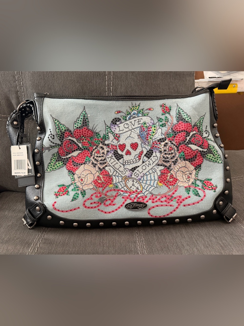 Ed Hardy NWT Light Blue Floral Skull Studded Shoulder Bag with Black Trim